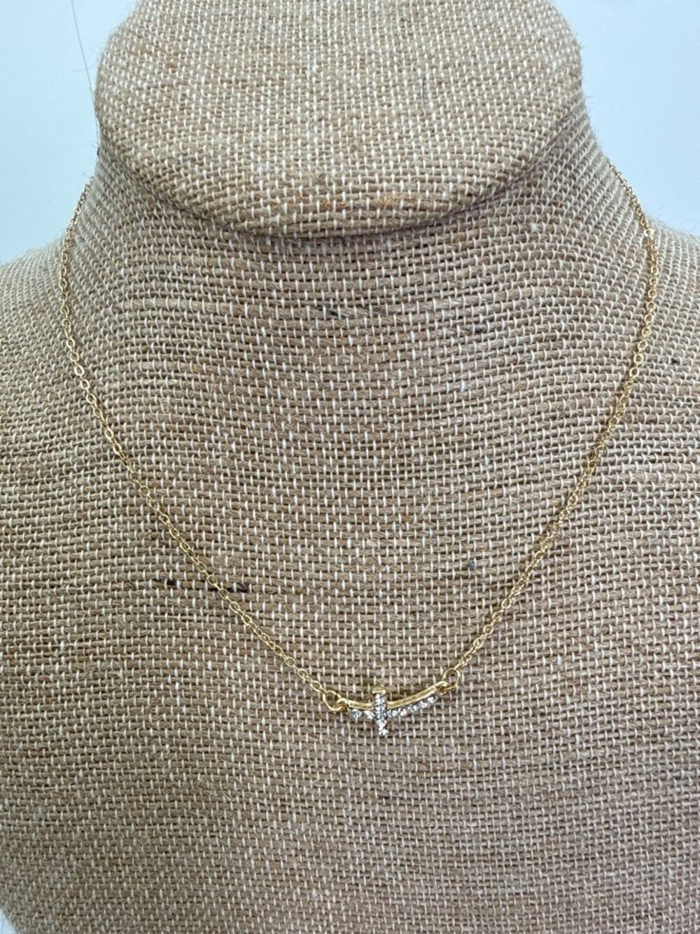 Dainty Gold Tone Sideways Cross Necklace Pave Crystal Dainty Horizontal Chain